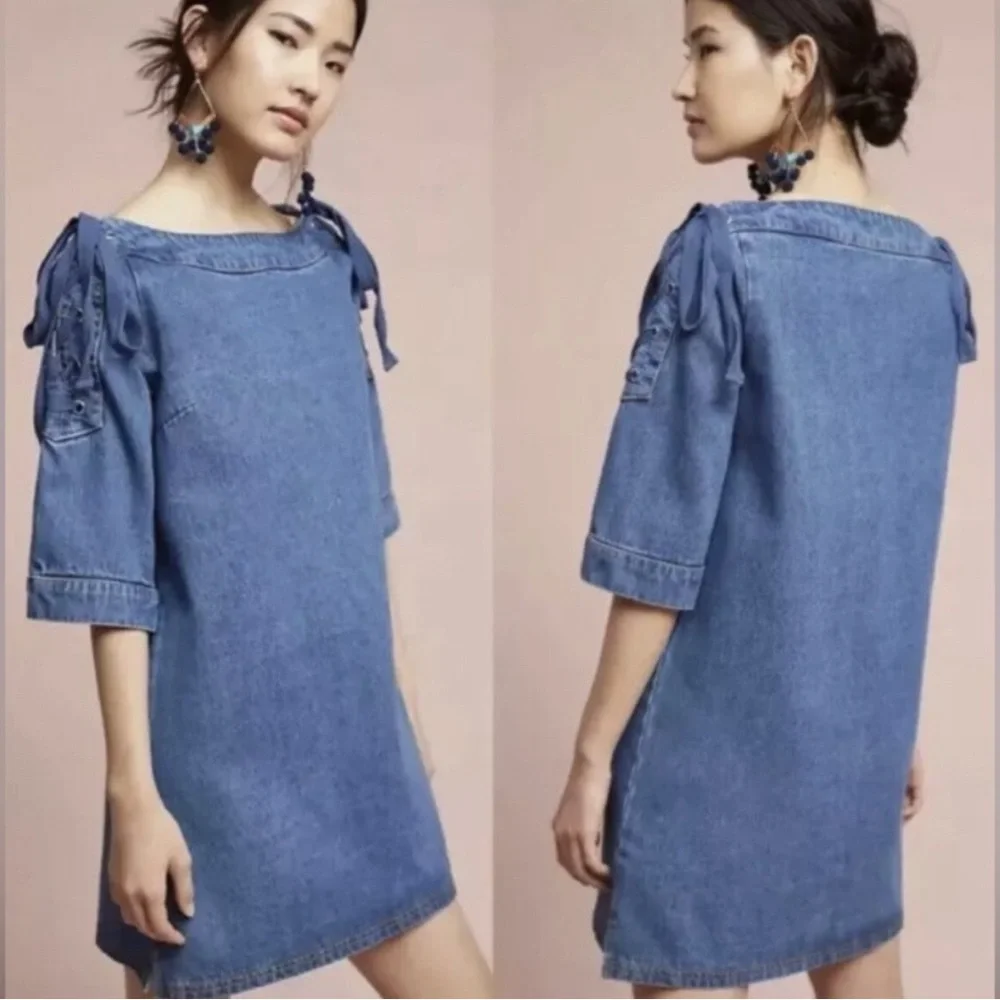 Anthropologie Maeve Denim Mini Shift Dress Country Lace Up Shoulders Women’s S - Picture 9 of 10